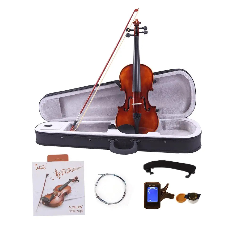 Violin set with case, bow, and accessories on a white background
