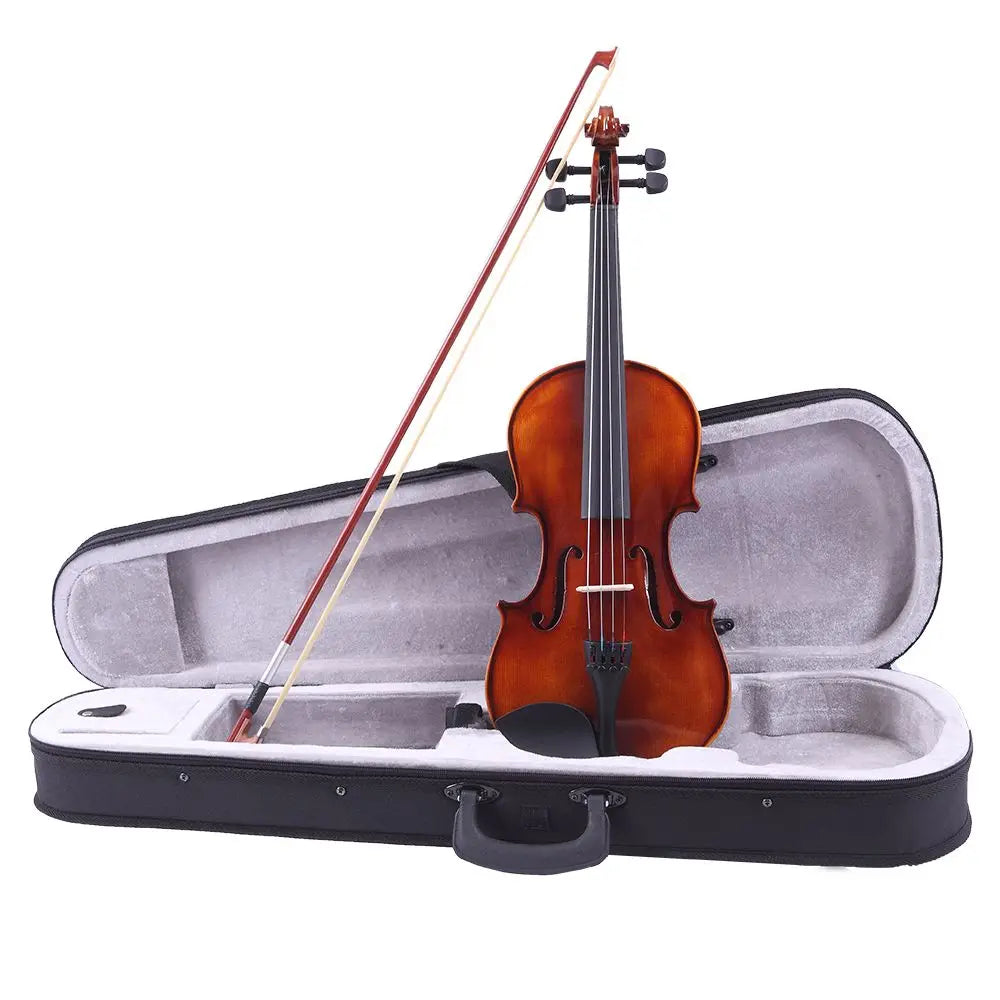 Violin with bow inside an open case on a white background